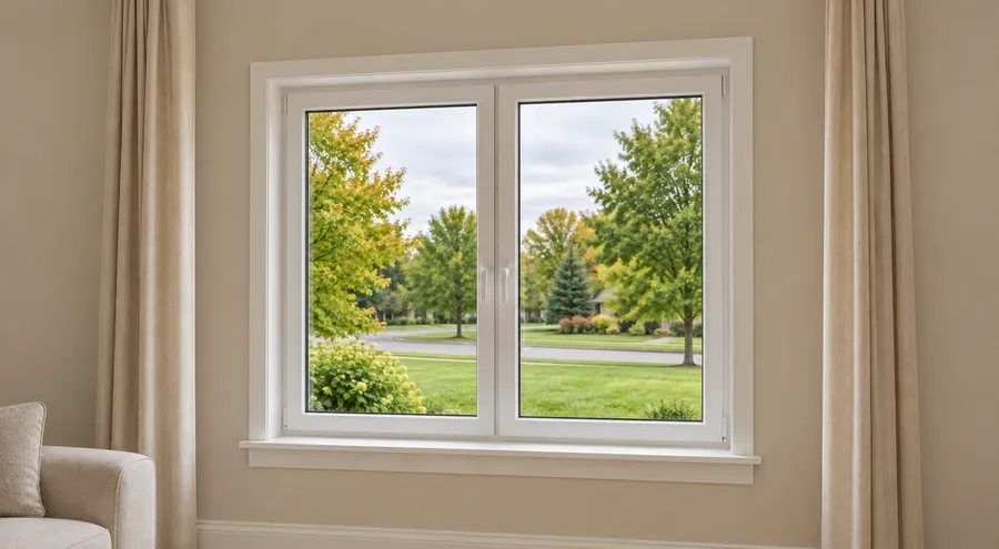 The living room with the new white two-sash window