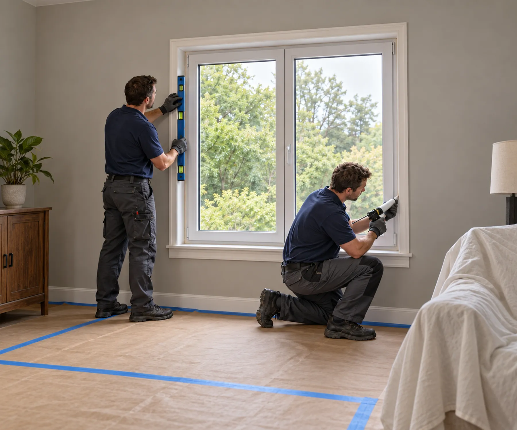Two installers leveling and sealing a new window, floor covered with protective paper
