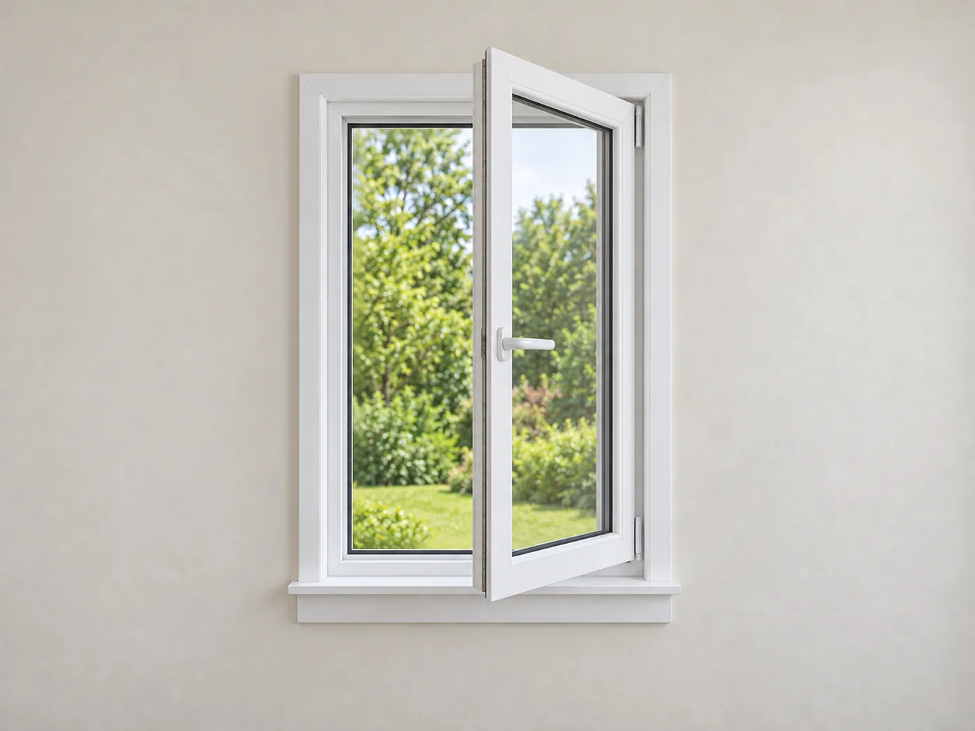 The same window with the sash swung open into the room