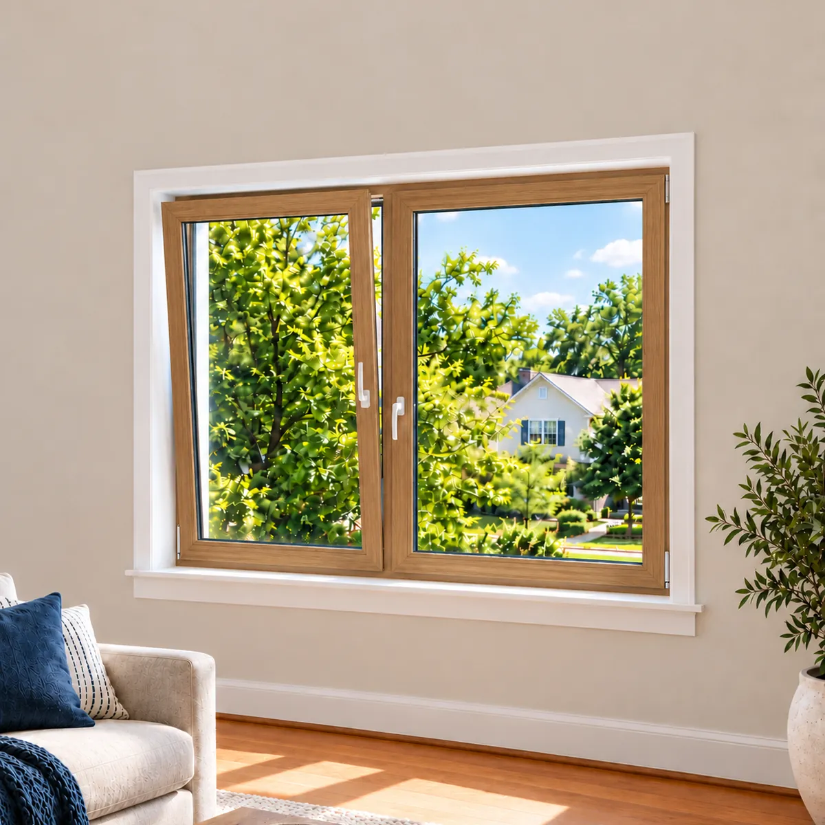 The same window with a golden oak wood-look frame
