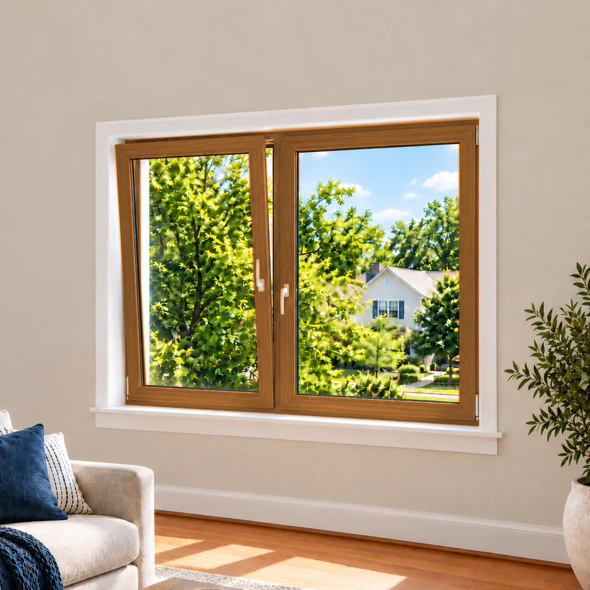 The same window with a rustic oak wood-look frame