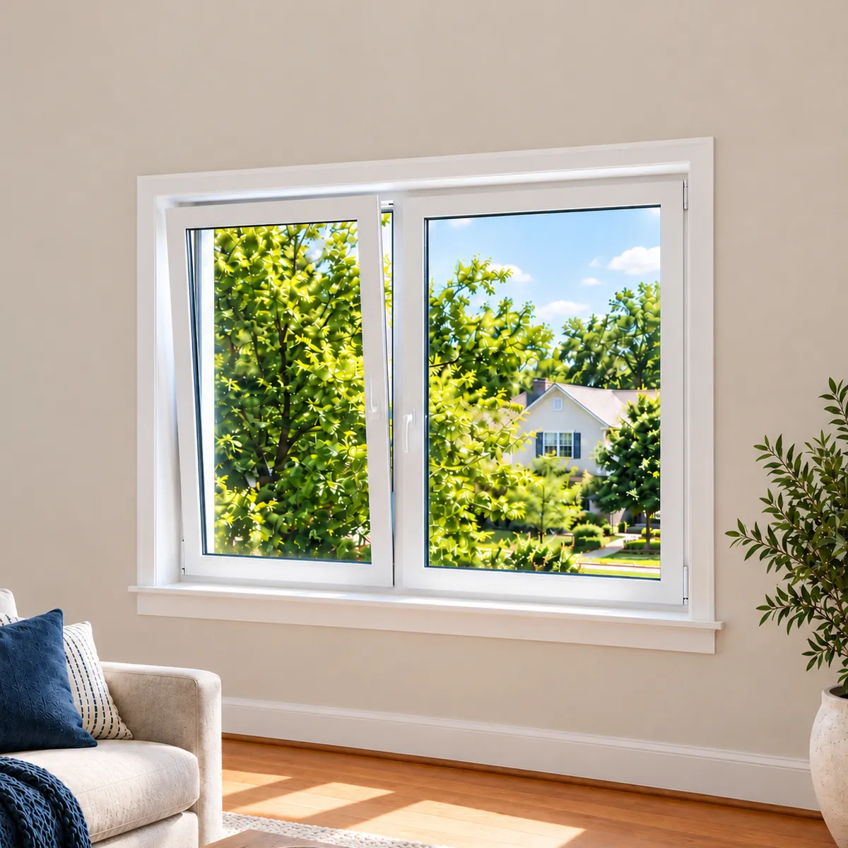 White tilt and turn window in a living room
