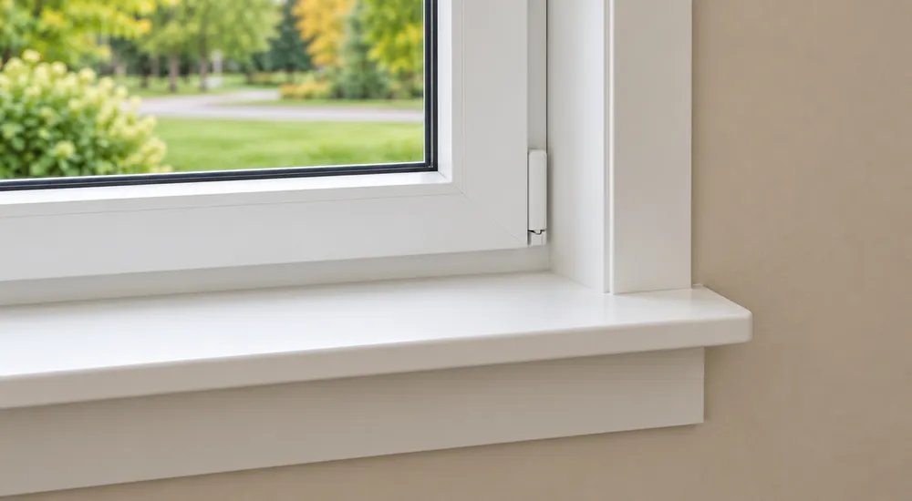 Window frame corner with interior trim and sill
